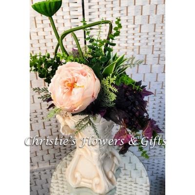 Peony, Lily Pod and Succulent Silk Arrangment in Elegant Angel Ceramic Container