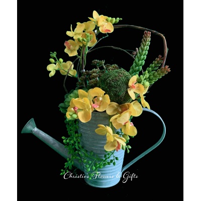 Faux Orchids in Watering Can