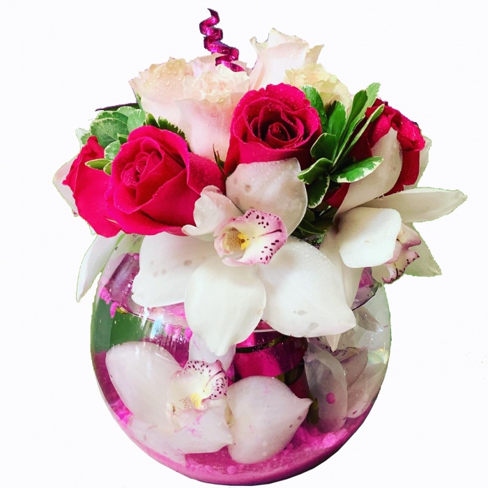 Perfect Pink- Elegant pave pinks  with cymbidium orchids in rose bowl 