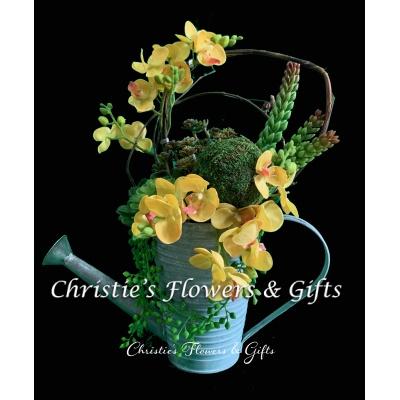 Faux Orchids in Watering Can