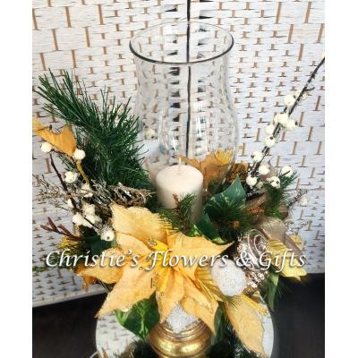 Champange Holiday Silk Arrangment with Hurricane Vase on Pedastal