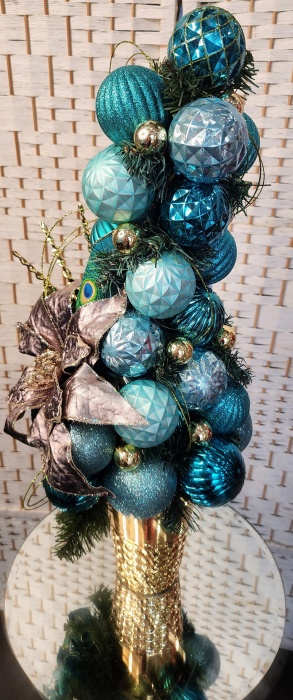 Peacock Colored Ornament Tree with Silver Sequined Poinsettia