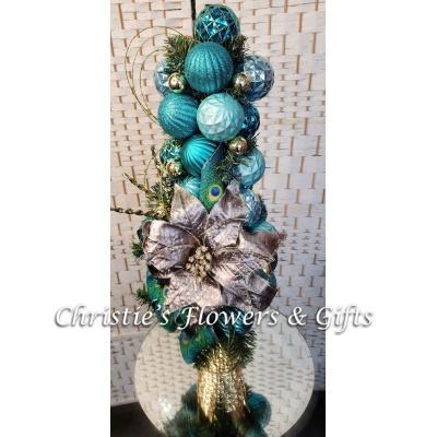 Peacock Colored Ornament Tree with Silver Sequined Poinsettia