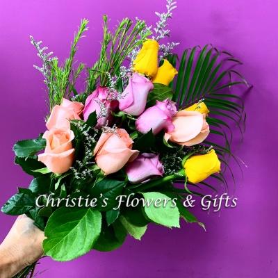 One Dozen Mixed Roses - Hand Tied Bouquet